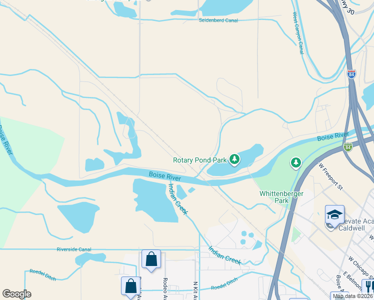 map of restaurants, bars, coffee shops, grocery stores, and more near 21486 Pond Lane in Caldwell