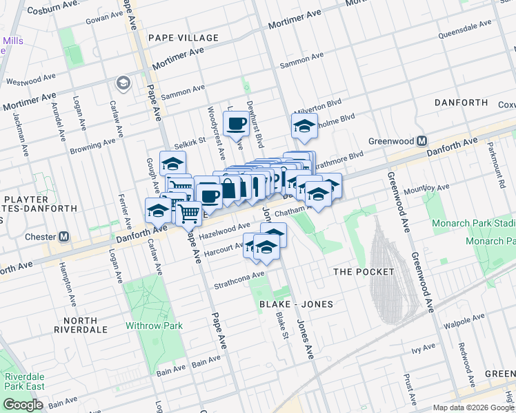 map of restaurants, bars, coffee shops, grocery stores, and more near 834 A Danforth Avenue in Toronto