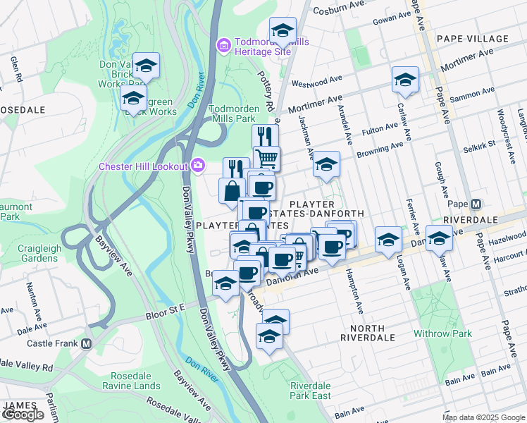 map of restaurants, bars, coffee shops, grocery stores, and more near 855 Broadview Avenue in Toronto