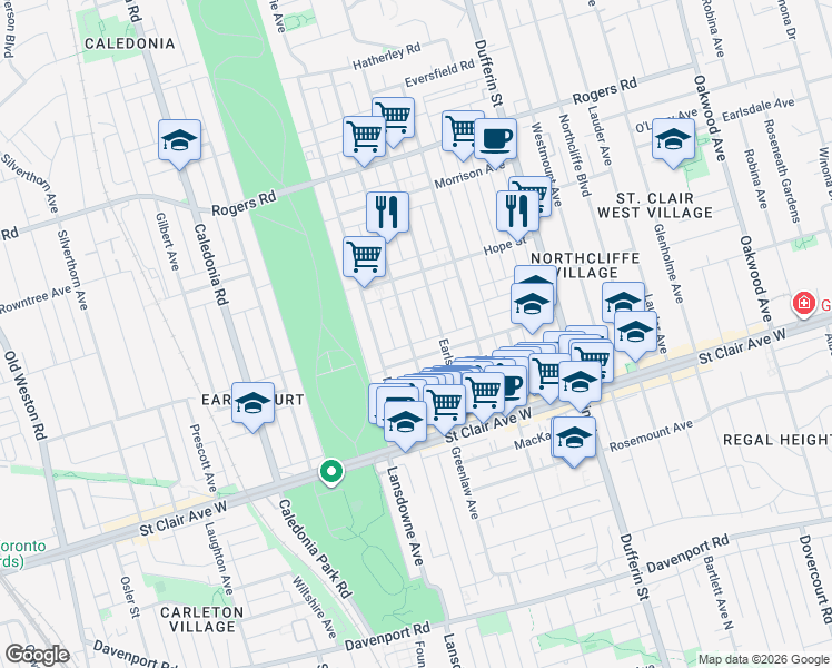 map of restaurants, bars, coffee shops, grocery stores, and more near 107 Nairn Avenue in Toronto