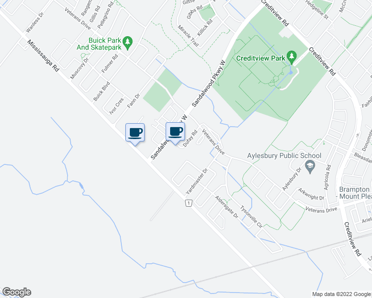 map of restaurants, bars, coffee shops, grocery stores, and more near 41 Dufay Road in Brampton