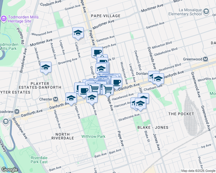 map of restaurants, bars, coffee shops, grocery stores, and more near 733 Pape Avenue in Toronto