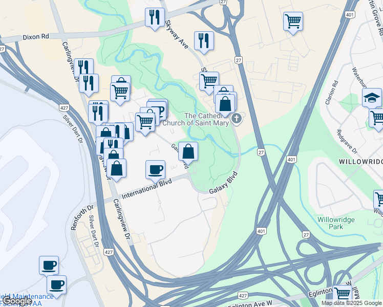 map of restaurants, bars, coffee shops, grocery stores, and more near 165 Galaxy Boulevard in Toronto
