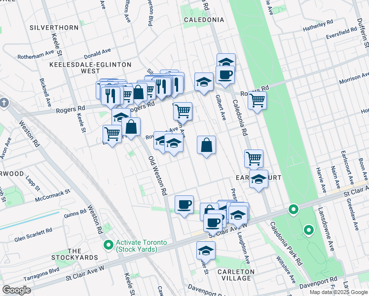 map of restaurants, bars, coffee shops, grocery stores, and more near 222 Silverthorn Avenue in Toronto