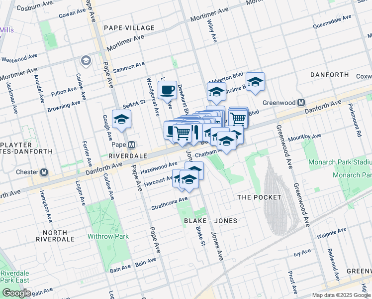 map of restaurants, bars, coffee shops, grocery stores, and more near in Toronto