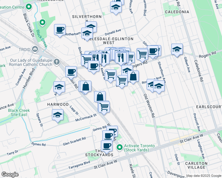 map of restaurants, bars, coffee shops, grocery stores, and more near in Toronto