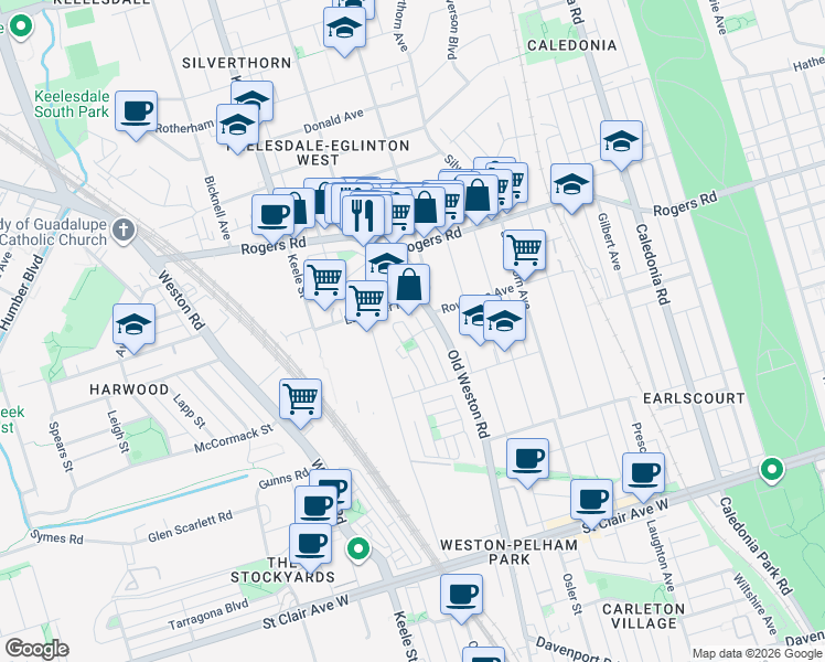 map of restaurants, bars, coffee shops, grocery stores, and more near 5 Terceira Circle in Toronto