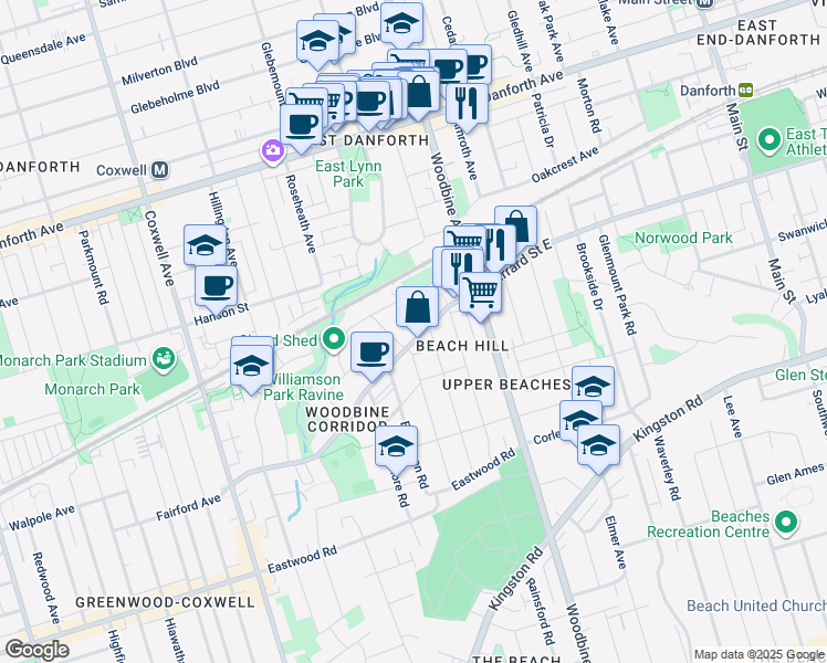 map of restaurants, bars, coffee shops, grocery stores, and more near 1870 Gerrard Street East in Toronto