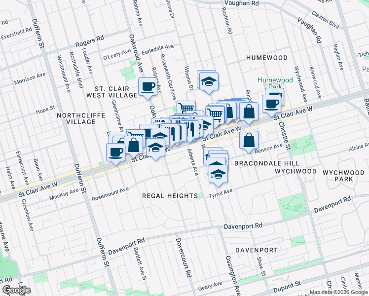 map of restaurants, bars, coffee shops, grocery stores, and more near 915 Saint Clair Avenue West in Toronto