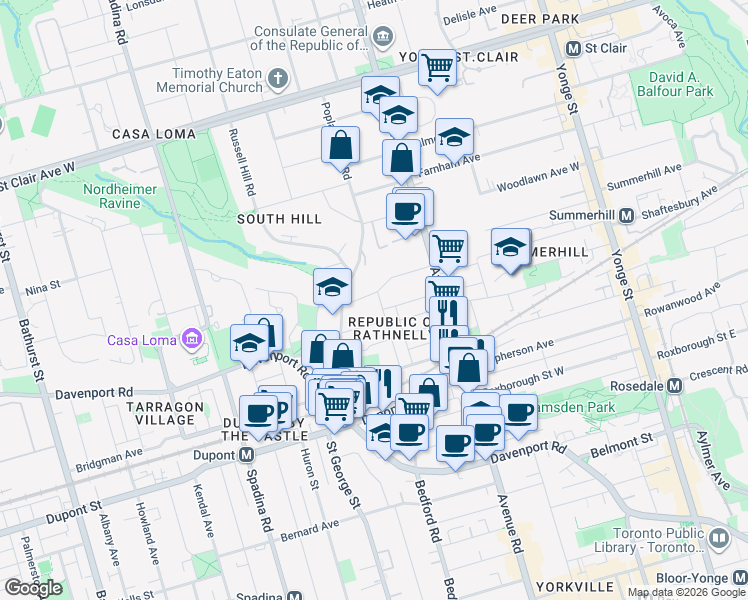map of restaurants, bars, coffee shops, grocery stores, and more near in Toronto