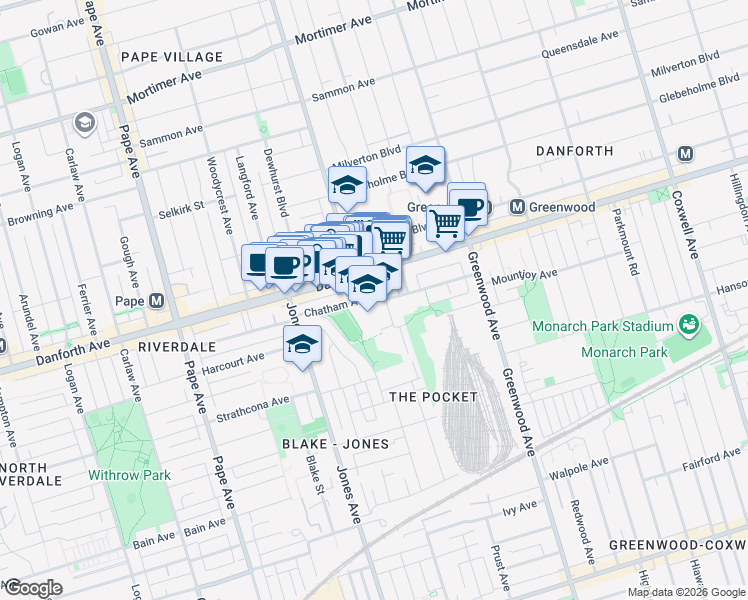 map of restaurants, bars, coffee shops, grocery stores, and more near 16 Phin Avenue in Toronto