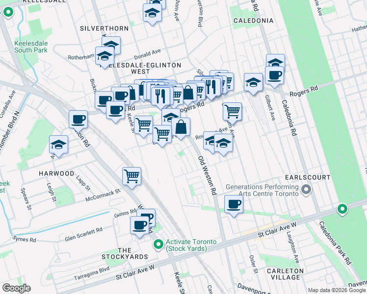 map of restaurants, bars, coffee shops, grocery stores, and more near 5 Terceira Circle in Toronto