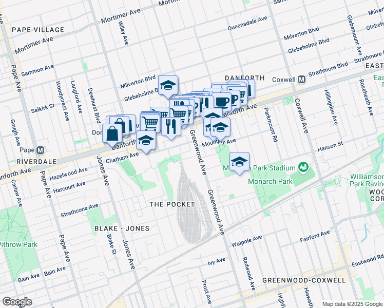 map of restaurants, bars, coffee shops, grocery stores, and more near 104 Oakvale Avenue in Toronto