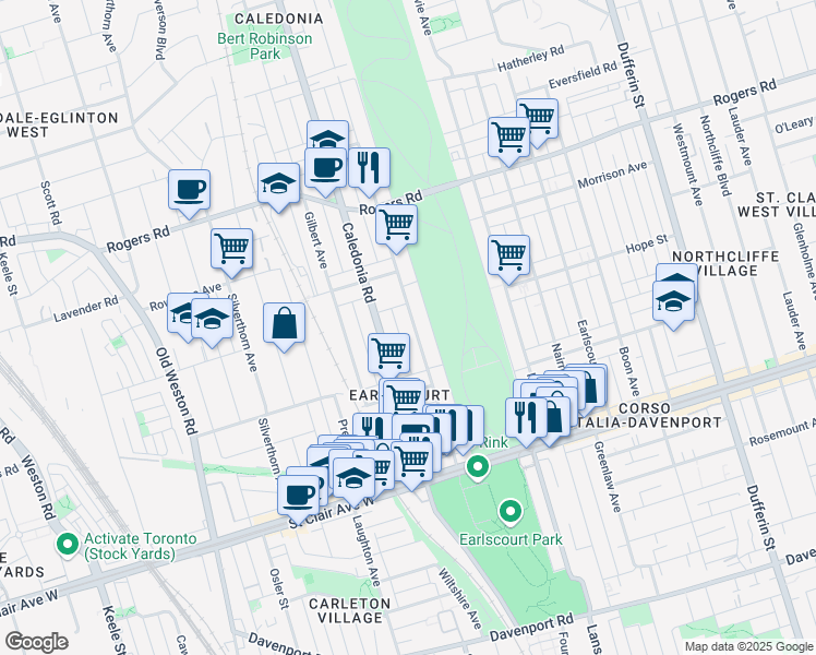 map of restaurants, bars, coffee shops, grocery stores, and more near 156 McRoberts Avenue in Toronto