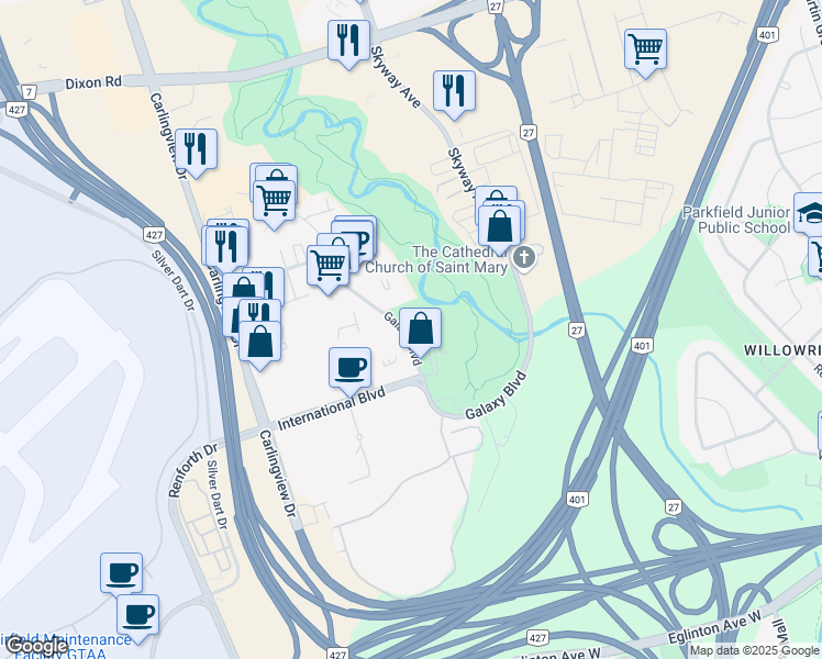 map of restaurants, bars, coffee shops, grocery stores, and more near 165 Galaxy Boulevard in Toronto
