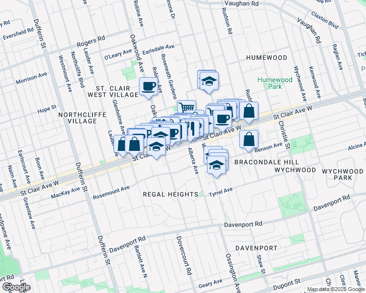 map of restaurants, bars, coffee shops, grocery stores, and more near 917 Saint Clair Avenue West in Toronto