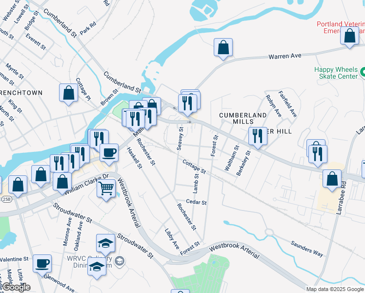 map of restaurants, bars, coffee shops, grocery stores, and more near 34 Seavey Street in Westbrook