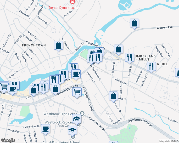 map of restaurants, bars, coffee shops, grocery stores, and more near 546 Main Street in Westbrook
