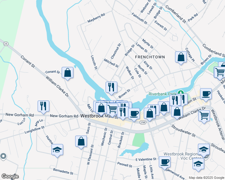 map of restaurants, bars, coffee shops, grocery stores, and more near 87 Bridge Street in Westbrook