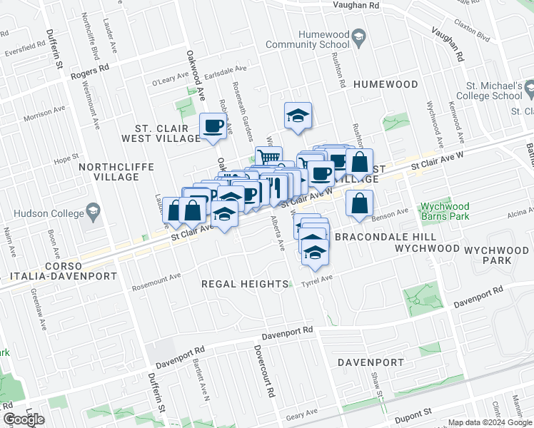 map of restaurants, bars, coffee shops, grocery stores, and more near in Toronto
