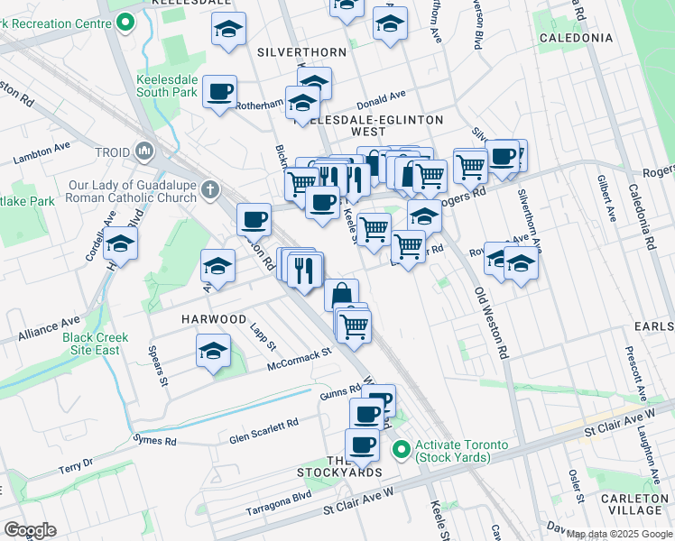 map of restaurants, bars, coffee shops, grocery stores, and more near in Toronto