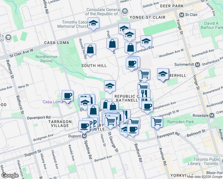 map of restaurants, bars, coffee shops, grocery stores, and more near 56 Poplar Plains Road in Toronto