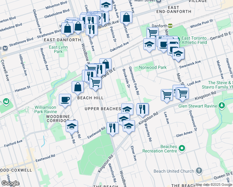 map of restaurants, bars, coffee shops, grocery stores, and more near 42 Cassels Avenue in Toronto