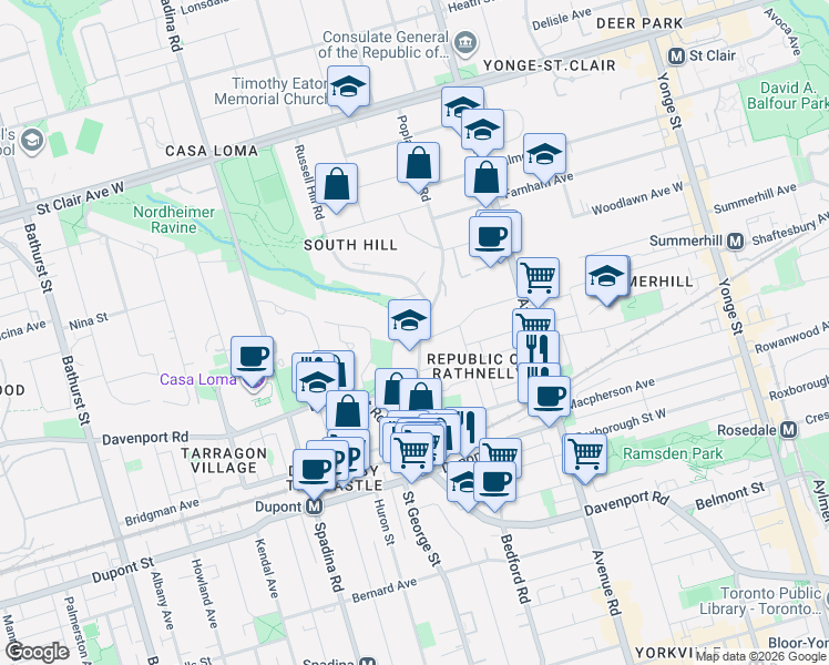 map of restaurants, bars, coffee shops, grocery stores, and more near in Toronto