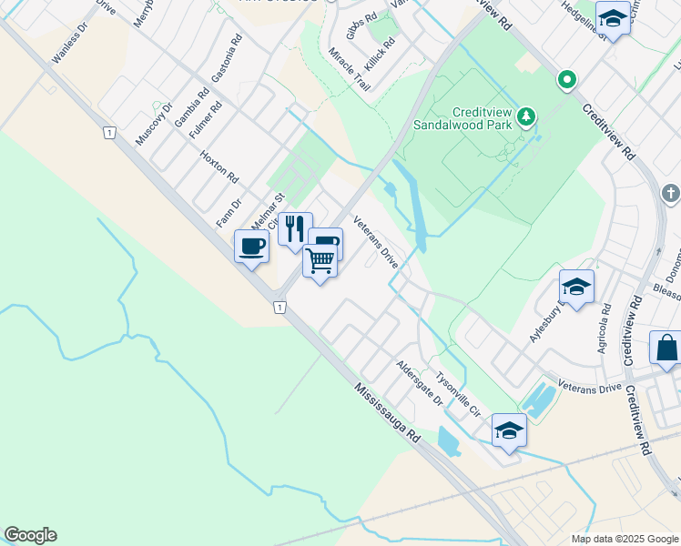 map of restaurants, bars, coffee shops, grocery stores, and more near Dufay Road in Brampton