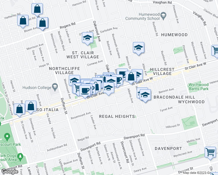 map of restaurants, bars, coffee shops, grocery stores, and more near 964 Saint Clair Avenue West in Toronto