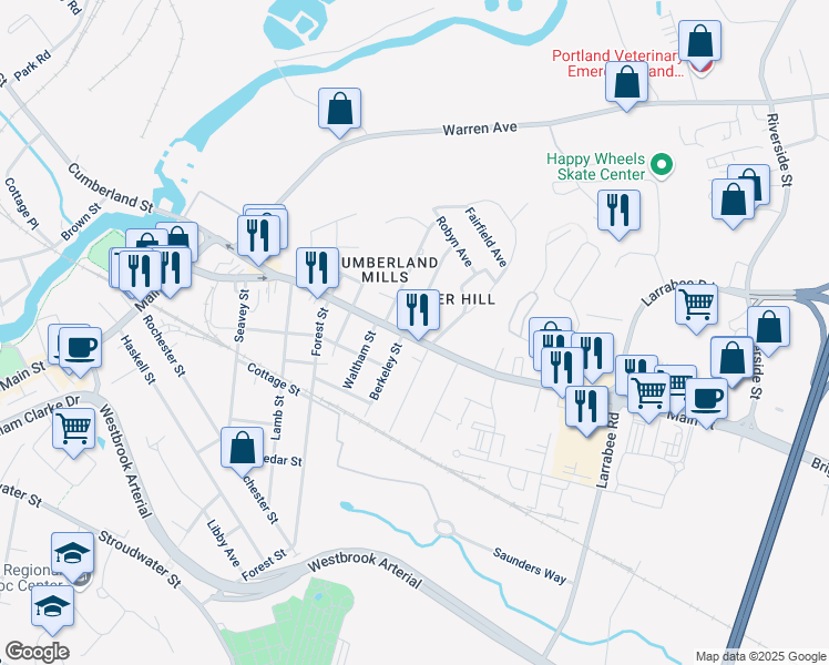 map of restaurants, bars, coffee shops, grocery stores, and more near 281 Main Street in Westbrook