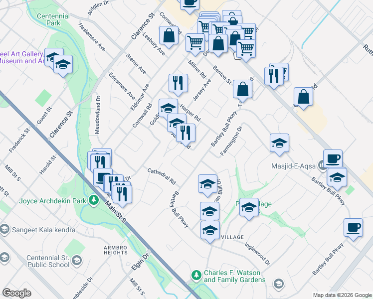 map of restaurants, bars, coffee shops, grocery stores, and more near in Brampton