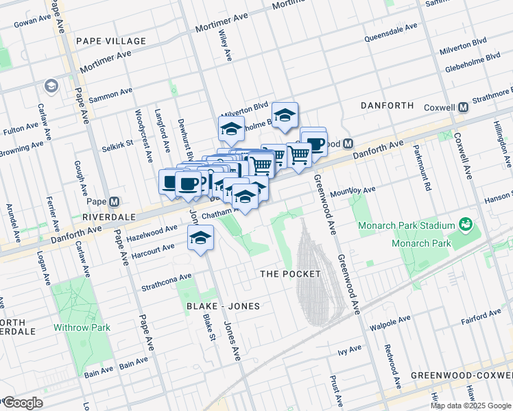 map of restaurants, bars, coffee shops, grocery stores, and more near Chatham Avenue in Toronto