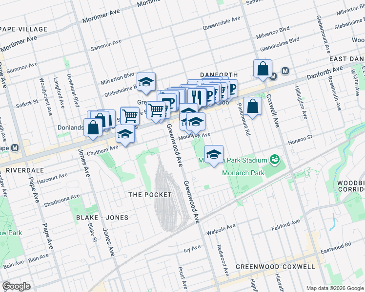 map of restaurants, bars, coffee shops, grocery stores, and more near 8 Mountnoel Avenue in Toronto