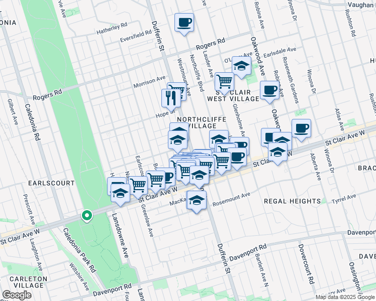map of restaurants, bars, coffee shops, grocery stores, and more near 21 Ascot Avenue in Toronto