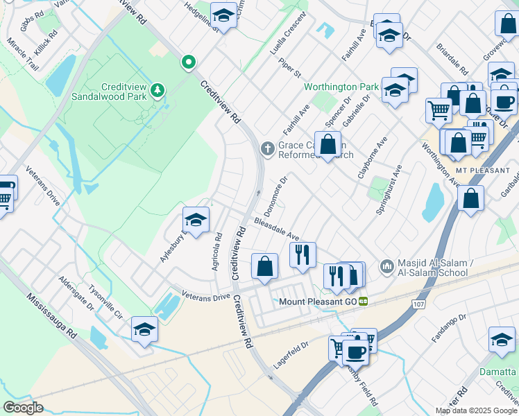 map of restaurants, bars, coffee shops, grocery stores, and more near 5 Ashen Tree Lane in Brampton