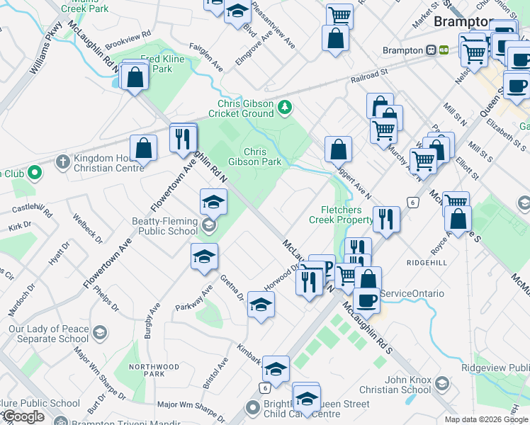 map of restaurants, bars, coffee shops, grocery stores, and more near 53 McLaughlin Road North in Brampton