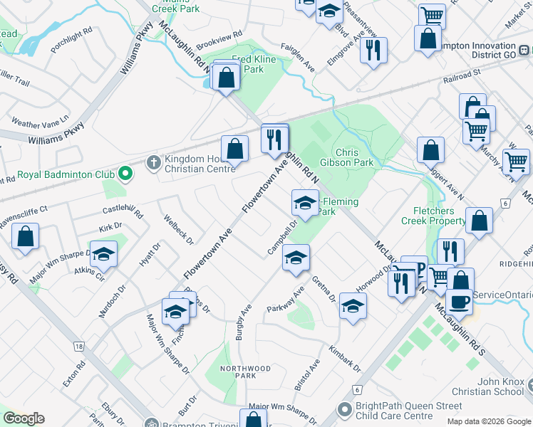map of restaurants, bars, coffee shops, grocery stores, and more near in Brampton