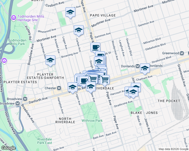map of restaurants, bars, coffee shops, grocery stores, and more near Gough Avenue in Toronto