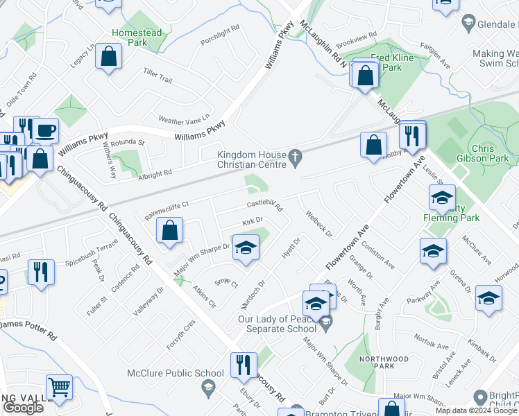 map of restaurants, bars, coffee shops, grocery stores, and more near 47 Castlehill Road in Brampton