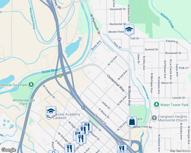 map of restaurants, bars, coffee shops, grocery stores, and more near 1215 North 1st Avenue in Caldwell