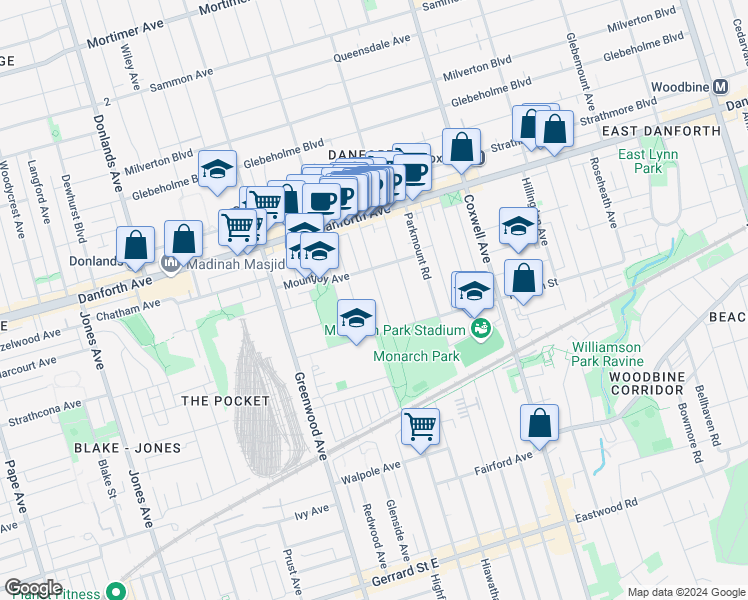 map of restaurants, bars, coffee shops, grocery stores, and more near in Toronto