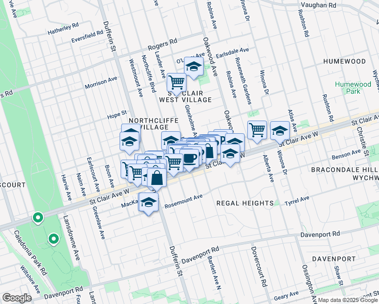 map of restaurants, bars, coffee shops, grocery stores, and more near 197 Lauder Avenue in Toronto