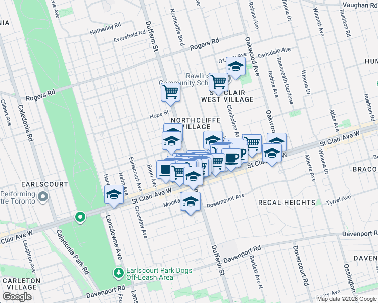 map of restaurants, bars, coffee shops, grocery stores, and more near 1737 Dufferin Street in Toronto