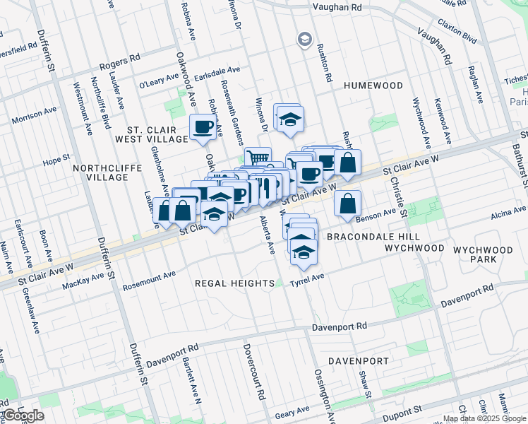 map of restaurants, bars, coffee shops, grocery stores, and more near 883 Saint Clair Avenue West in Toronto