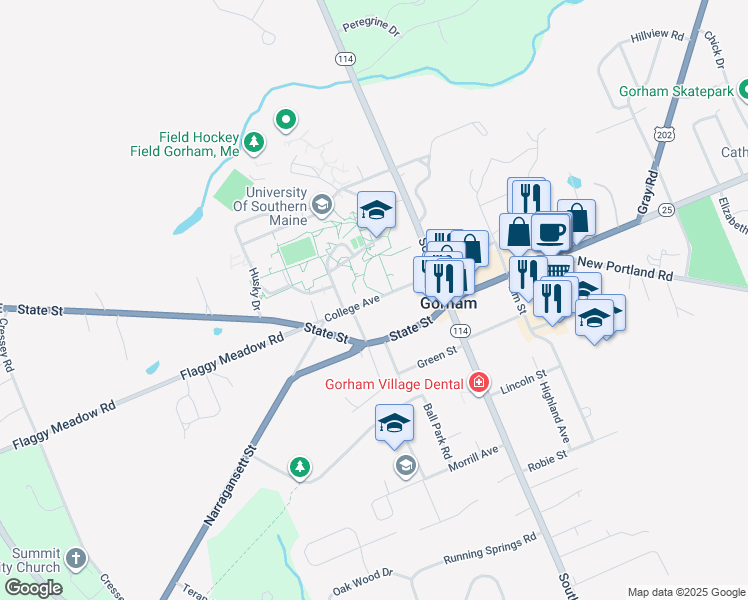 map of restaurants, bars, coffee shops, grocery stores, and more near College Avenue in Gorham