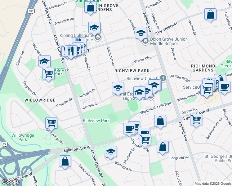 map of restaurants, bars, coffee shops, grocery stores, and more near 52 Clement Road in Toronto
