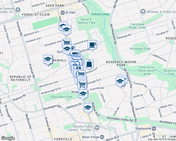 map of restaurants, bars, coffee shops, grocery stores, and more near 30 Rowanwood Avenue in Toronto