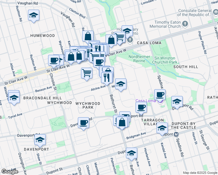 map of restaurants, bars, coffee shops, grocery stores, and more near Bathurst St & Nina St in Toronto