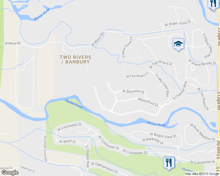 map of restaurants, bars, coffee shops, grocery stores, and more near West Sherason Court in Eagle